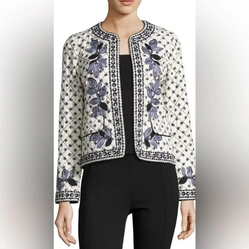 Tory Burch Jacket Quilted Tilda Embroidered Fish‎ Floral Jacket Patchwork Ivory